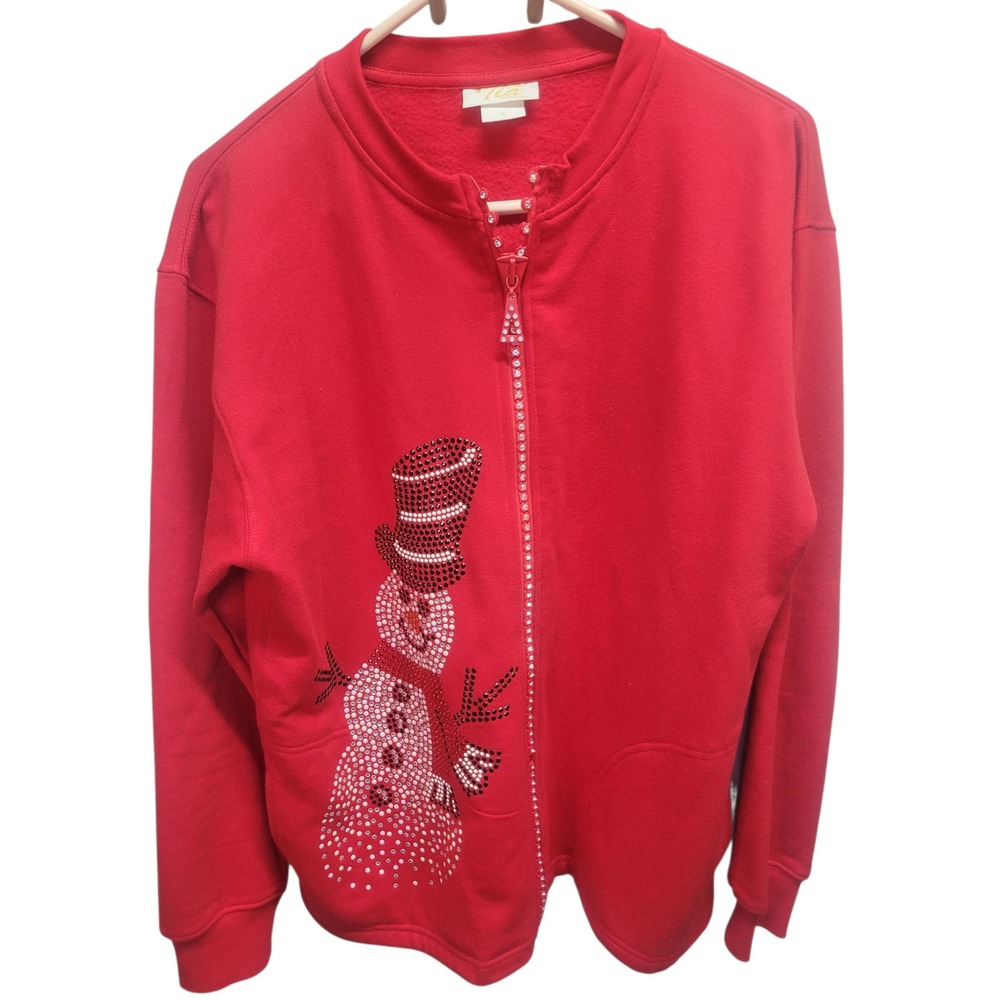 Tia Designs Red Rhinestone Snowman Zip Up Holiday‎ Christmas Sweatshirt Large